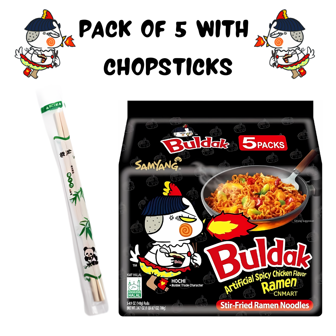 Samyang Hot Chicken Ramen Family Pack 700 gm with a pair of chopsticks