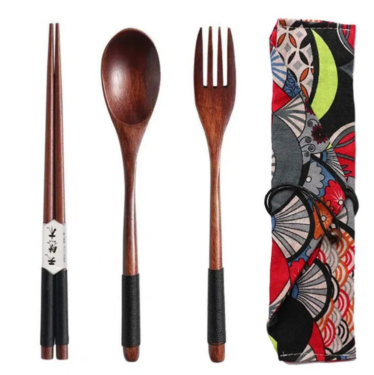 Japanese Style Wooden Cutlery Set with Beautiful Fabric cover